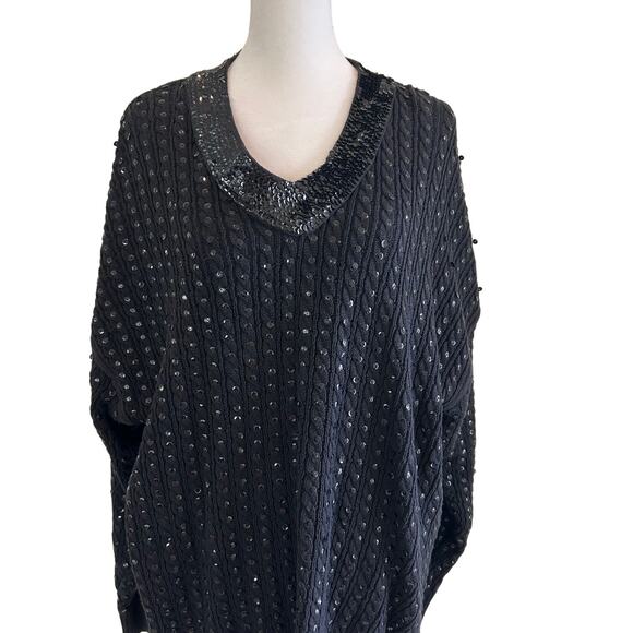 Classiques Entier Sweater Sequin Black Vintage Oversized SZL V-Neck Holiday - Picture 2 of 9